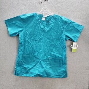 Landau Women Scrub Top Medium Blue Short Sleeve‎ V Neck Pockets Pullover NWT